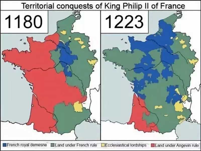 藍色為王室直屬領地，法國王室最初僅控制平原東部，後來逐漸控制了平原大部分