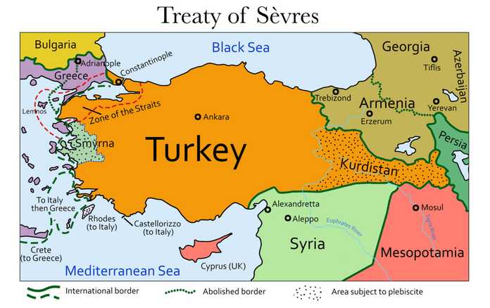 色佛爾條約地圖按照此條約，土耳其將面臨亡國滅種