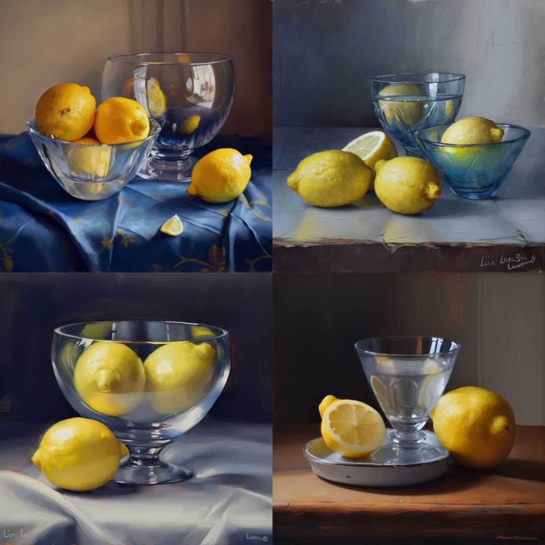 靜物油畫，2個玻璃碗和3個檸檬