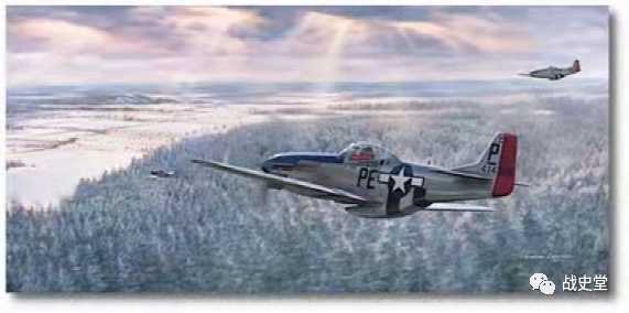 描繪普雷迪最後一次任務的繪畫，下面是逃跑的Fw-190，普雷迪不幸被地面防空火力誤傷斃命，一代空戰英
