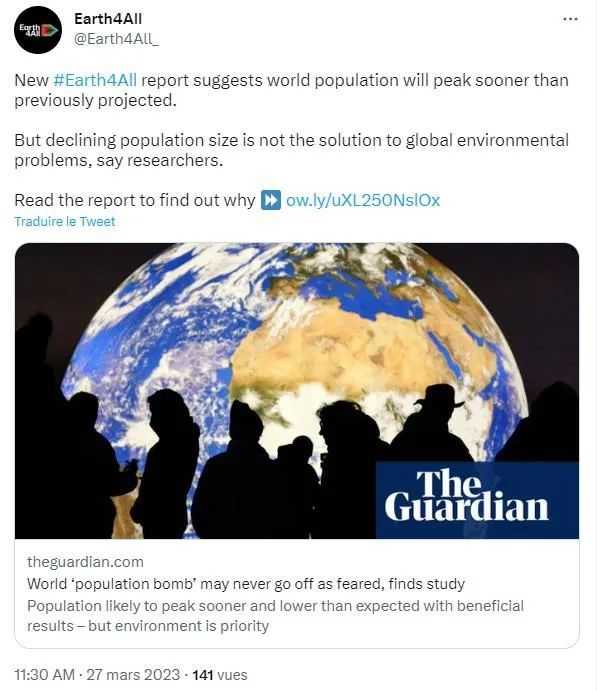 Earth4All的Twitter上稱，隨著明顯的全球生育率下降，人口減少將來得更早、更快 （圖片來源：Twitter截