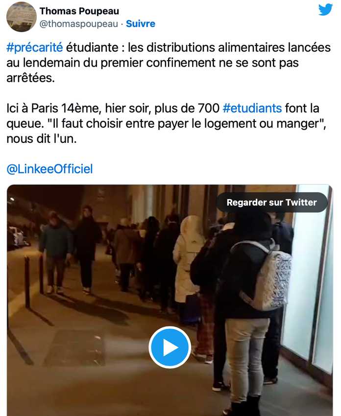 「大學生生活觀察站（OVE）」的資料顯示，法國18%的大學生吃不飽飯圖為在巴黎14區「食物銀行」門口