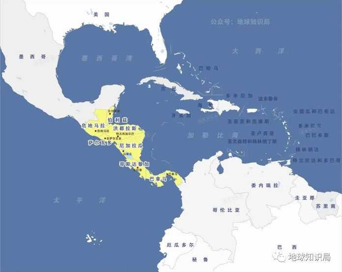 中美洲七國在地圖上的位置（黃色高亮部分）