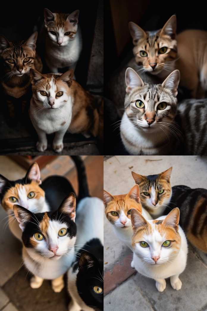 3只貓看著超高角度鏡頭