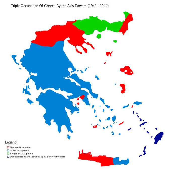 希臘被瓜分（藍色為義大利，紅色為德國，綠色為保加利亞）