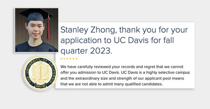 Stanley曾收到的UC Davis拒信，圖片來自ABC 7，版權屬於原作者