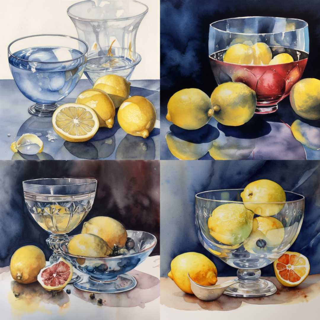靜物水彩畫，2個玻璃碗和3個檸檬